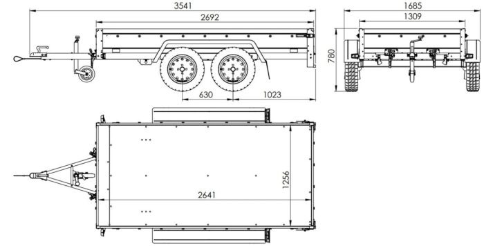 REMORQUE DOUBLE ESSIEUX UNITRAILER 264/2 KIPP AVEC ROUE JOCKEY, ARCEAU ET bâche GRISE – Image 4